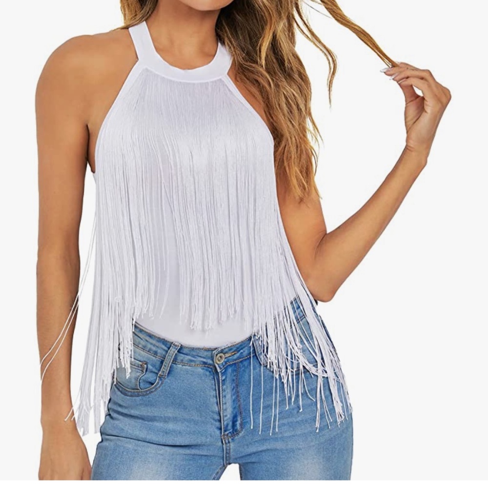 Fringe front white party bodysuit